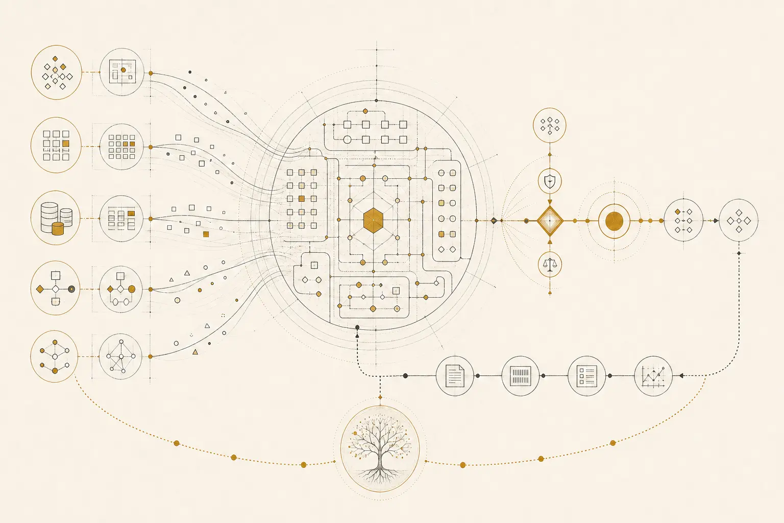Abstract teams, structured information, operating systems, workflows, and machine agents converge into a bounded company context map before governed action; evidence returns into organizational learning.