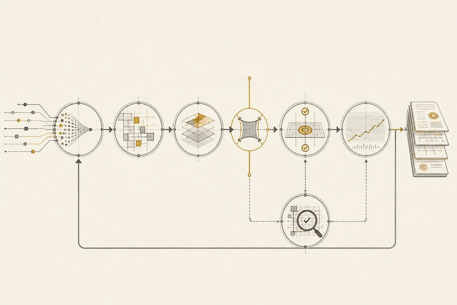 Engineering signals move through context building and a narrow controlled-action gate, followed by testing, independent verification, precise evidence, and a return loop.